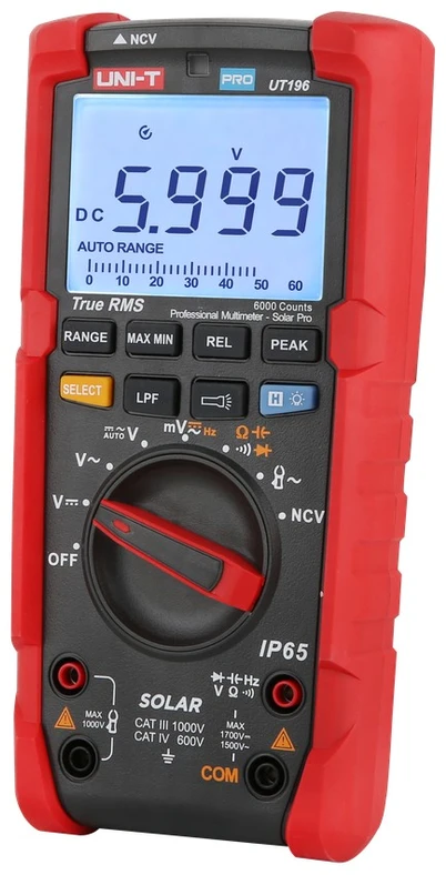 Skaitmeninis multimetras SOLAR PRO, TRMS, NCV, LPF,1.7kVDC, 1.5kVAC, 1Mhz, 60MOm, 60uF, IP65, CAT III 1000V, CAT IV 600V, UNI-T