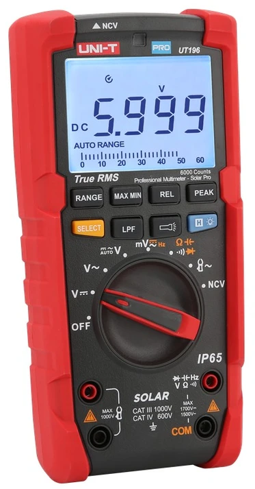 Skaitmeninis multimetras SOLAR PRO, TRMS, NCV, LPF,1.7kVDC, 1.5kVAC, 1Mhz, 60MOm, 60uF, IP65, CAT III 1000V, CAT IV 600V, UNI-T