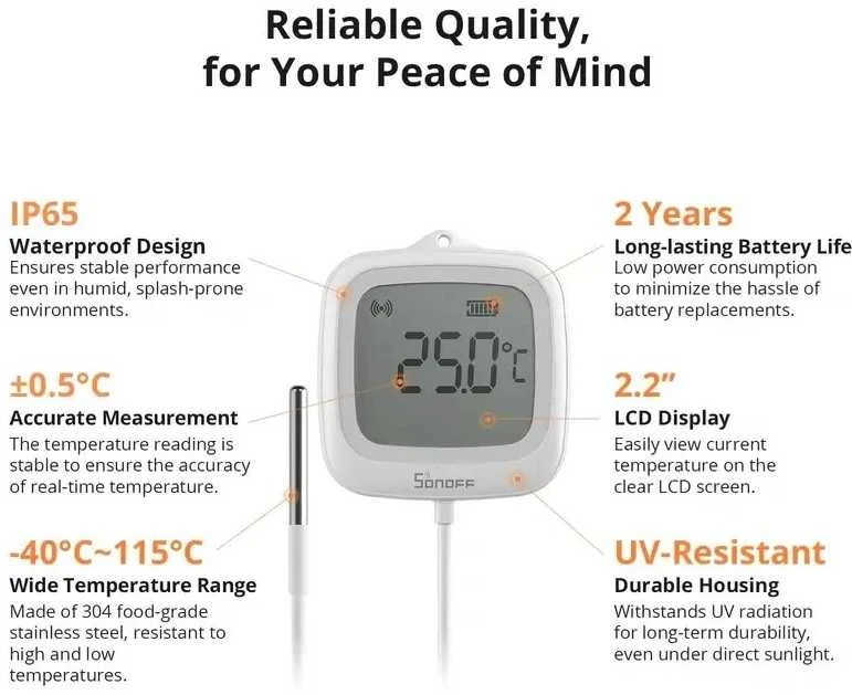 Sonoff SNZB-02LD Zigbee 3.0 temperatūros belaidis sensorius IP65
