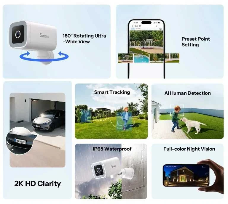Sonoff Wi-Fi lauko kamera BULLET B1P, 2K 1440p, IP65, USB-A maitinimas, SD iki 128GB