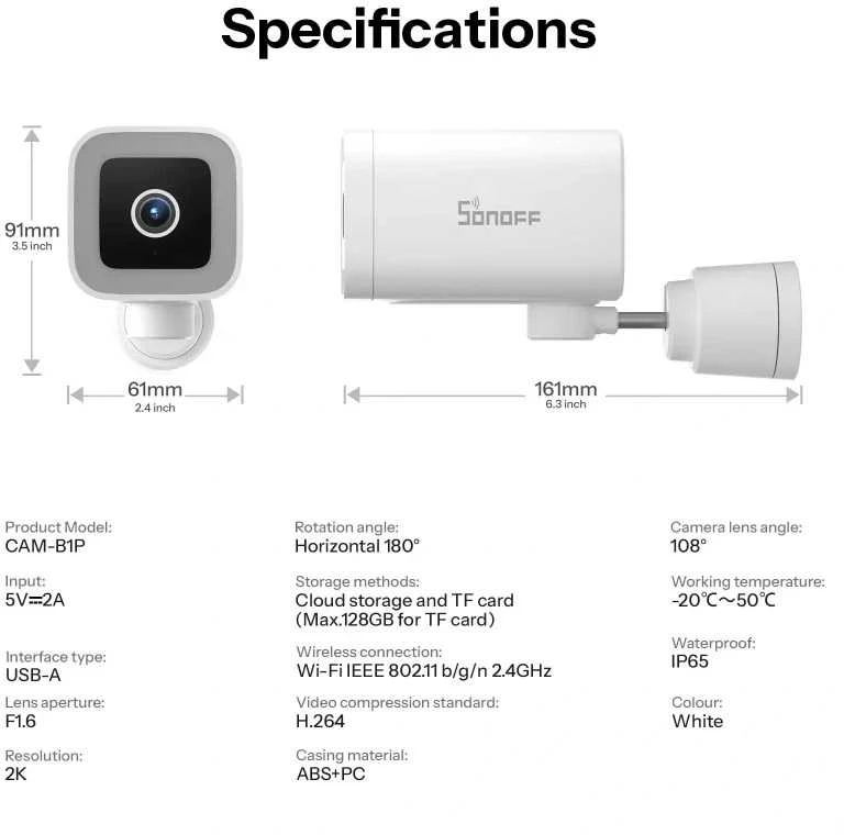 Sonoff Wi-Fi lauko kamera BULLET B1P, 2K 1440p, IP65, USB-A maitinimas, SD iki 128GB
