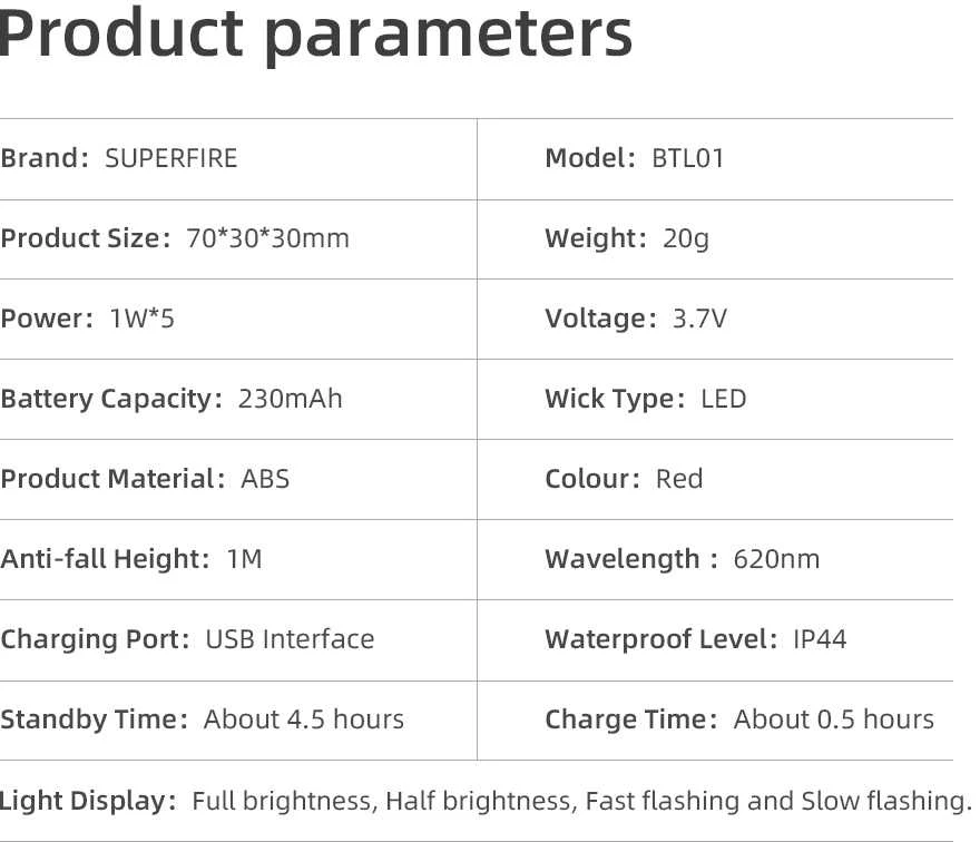 Galinis dviračio žibintas Superfire BTL01 USB 230mAh