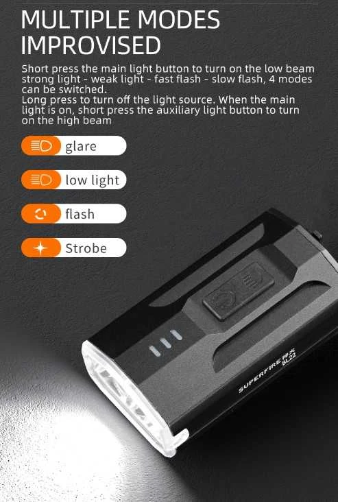 Superfire Dviračio žibintuvėlis BL22, 450lm, 3W, įkraunamas USB, 1800mAh, IP54