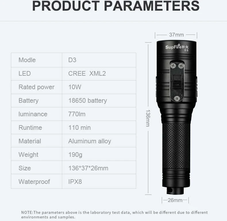 Superfire Nardymo žibintuvėlis, 10W CREE XML2, 770lm, IPX8, su 18650 įkraunama baterija ir krovikliu