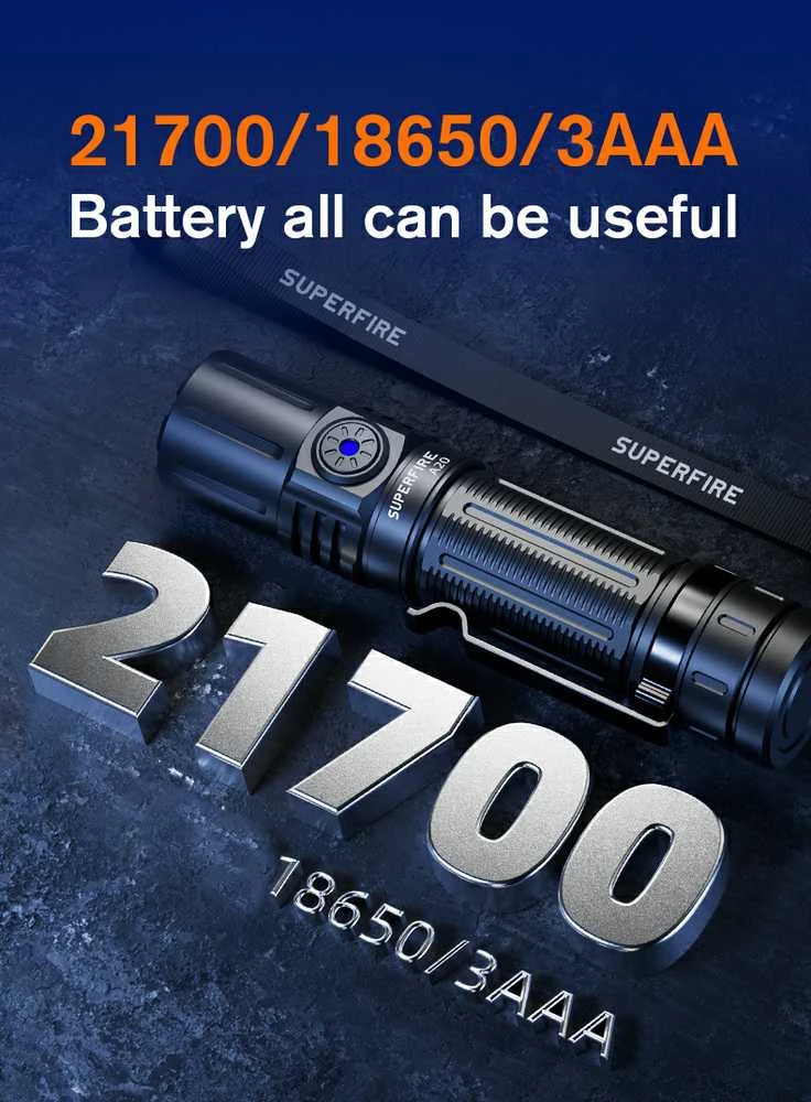 Superfire Rankinis žibintuvėlis, 20W, 1700lm, IP44, įkraunamas USB C, su 21700 4000mAh baterija