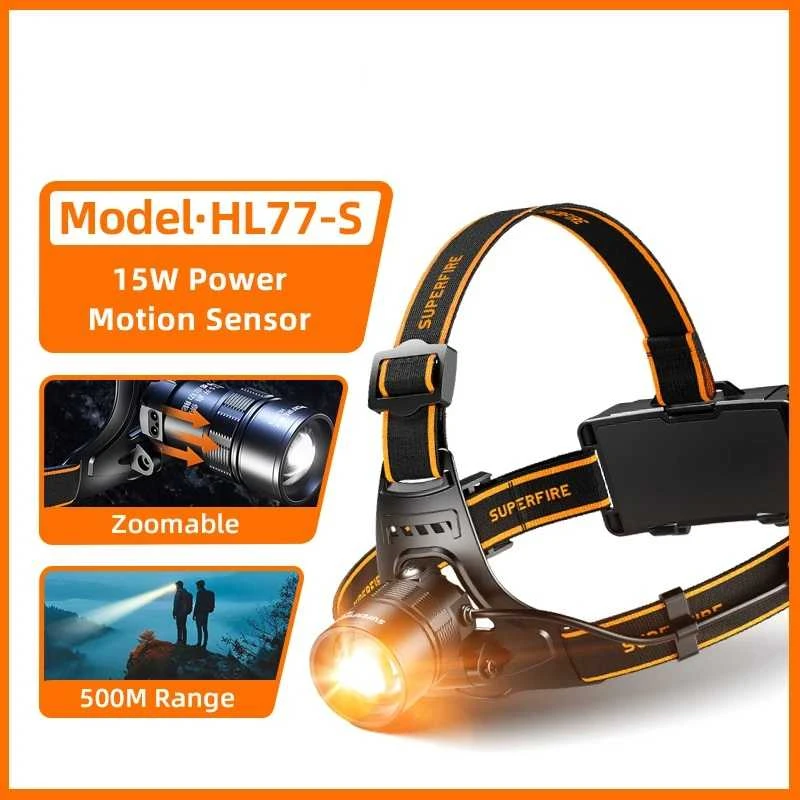 Superfire Žibintuvėlis ant galvos, 15W 550lm fokusuojamas, įkraunamas USB-C, šiltai balta šviesa
