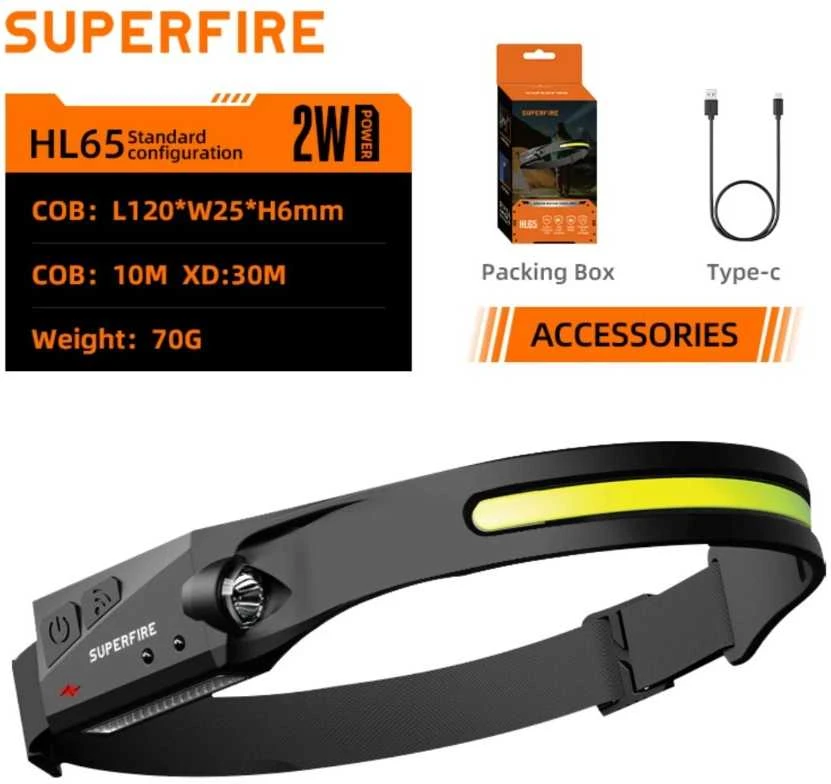 Superfire Žibintuvėlis ant galvos HL65, 340lm, COB, įkraunamas USB-C 1200mAh su jutikliu
