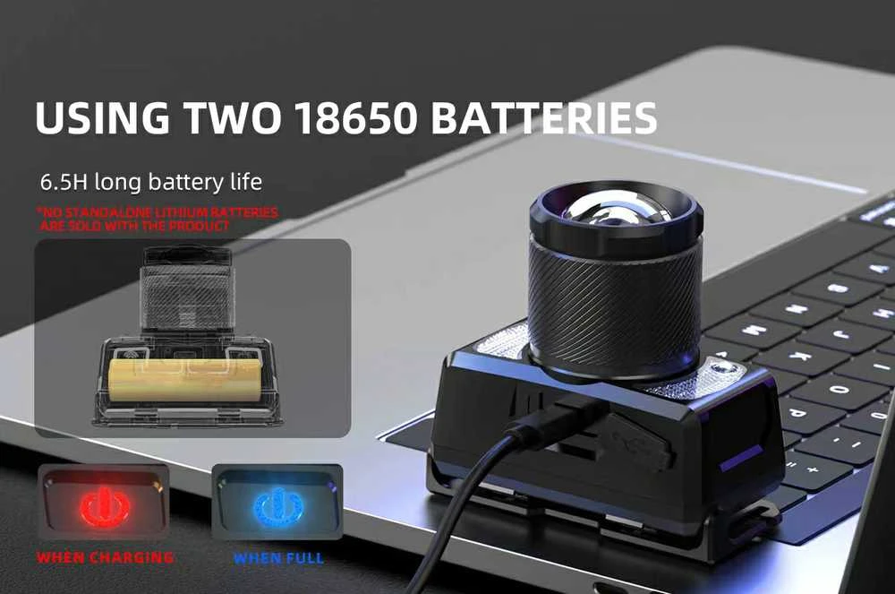 Superfire Žibintuvėlis ant galvos, įkraunamas USB C, 700lm, 15W, 2400mAh, 8 rėžimai