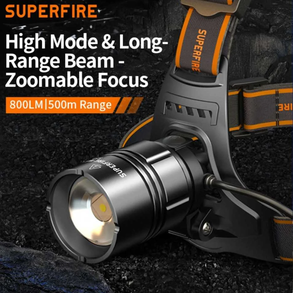 Superfire Žibintuvėlis ant galvos, įkraunamas USB-C, 15W, 800lm, 2x 18650