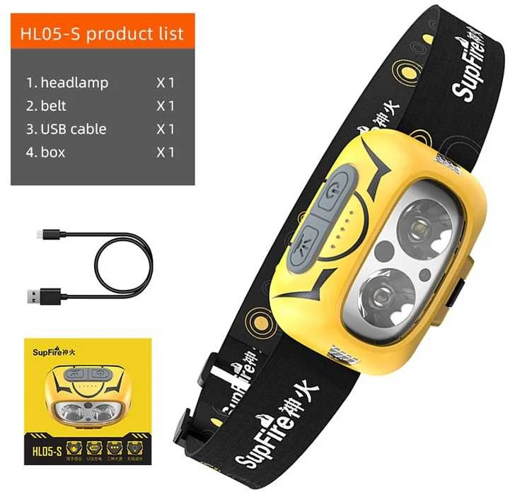 Superfire Žibintuvėlis ant galvos su jutikliu, įkraunamas USB, 5W 500lm, 1800mAh, 73g