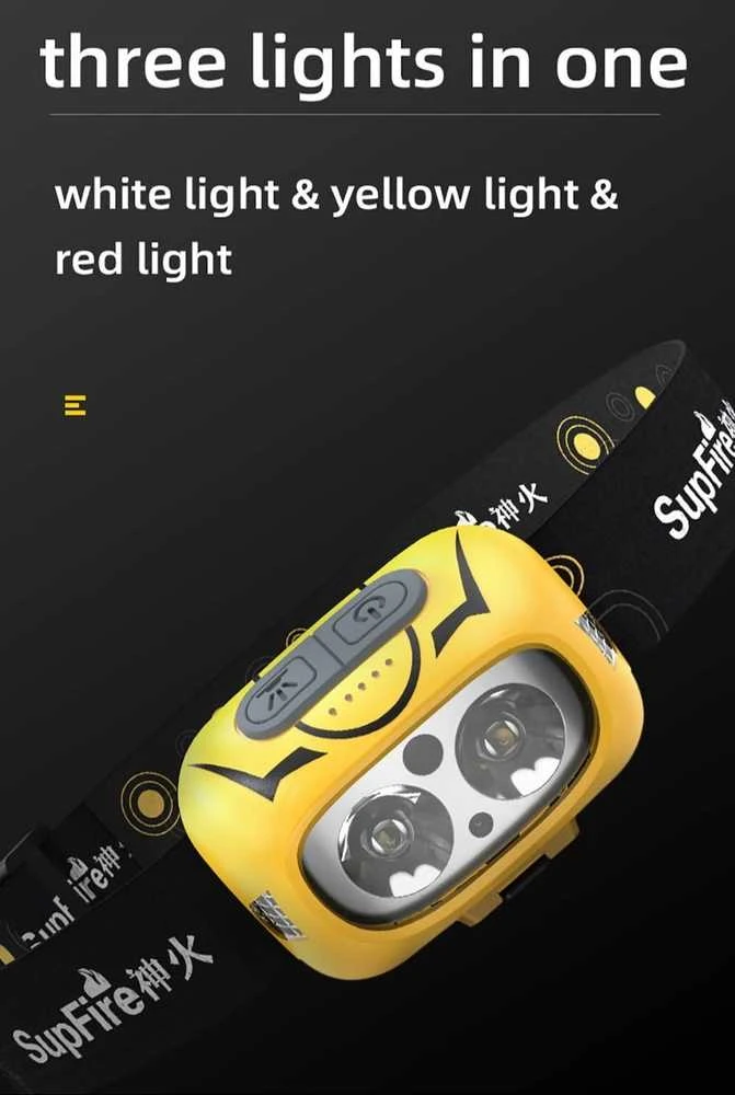 Superfire Žibintuvėlis ant galvos su jutikliu, įkraunamas USB, 5W 500lm, 1800mAh, 73g