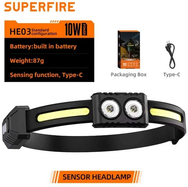 Superfire Žibintuvėlis ant galvos, su sensoriumi, USB C, 540lm, 10W, IP44