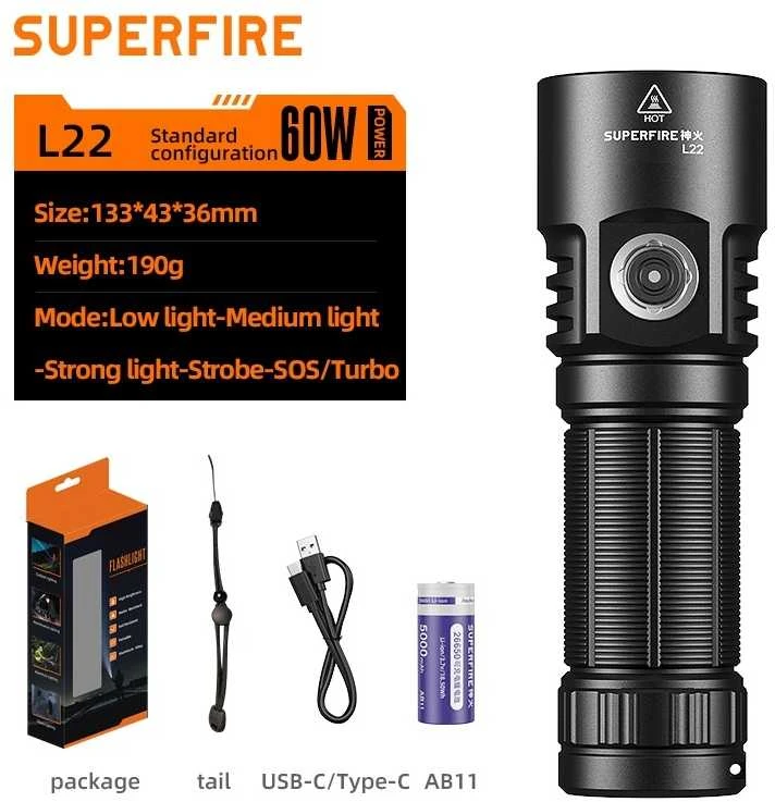Superfire Žibintuvėlis L22, 5000lm, 60W, įkraunamas USB C 1x 26650 5000mAh, 190g