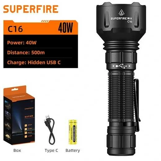 Superfire Žibintuvėlis LED C16, 2700lm, 40W, Įkraunamas USB-C, 4000mAh