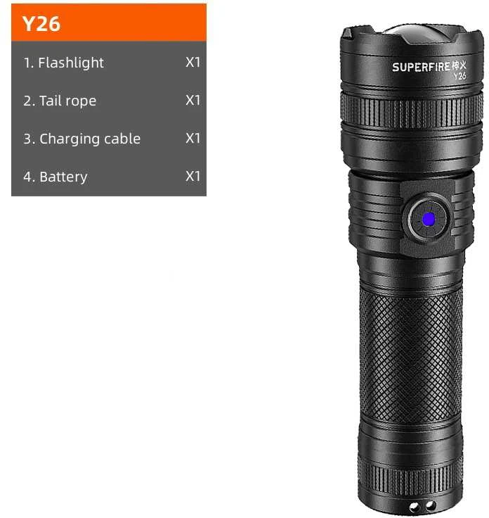 Superfire Žibintuvėlis Y26, 816lm, 15W, įkraunamas USB C, 1x 26650 3700mAh, IP43