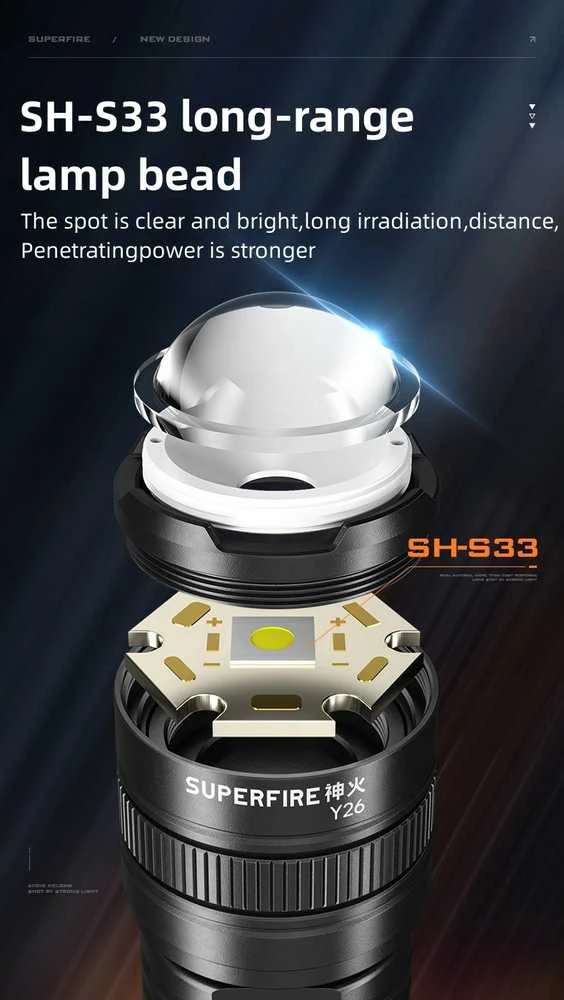 Superfire Žibintuvėlis Y26, 816lm, 15W, įkraunamas USB C, 1x 26650 3700mAh, IP43