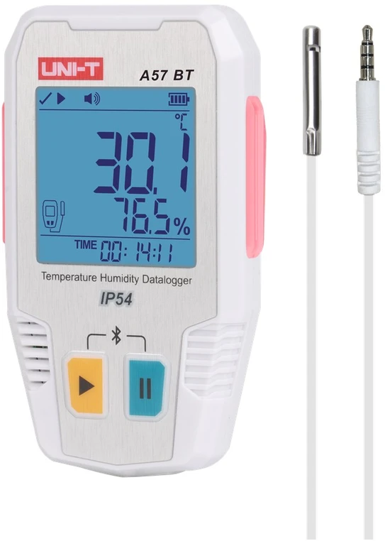 Temperatūros ir drėgmės duomenų kaupiklis, -40 ~ 85C, 0%~100% RH, 64000 taškų, IP54, Bluetooth, UNI-T