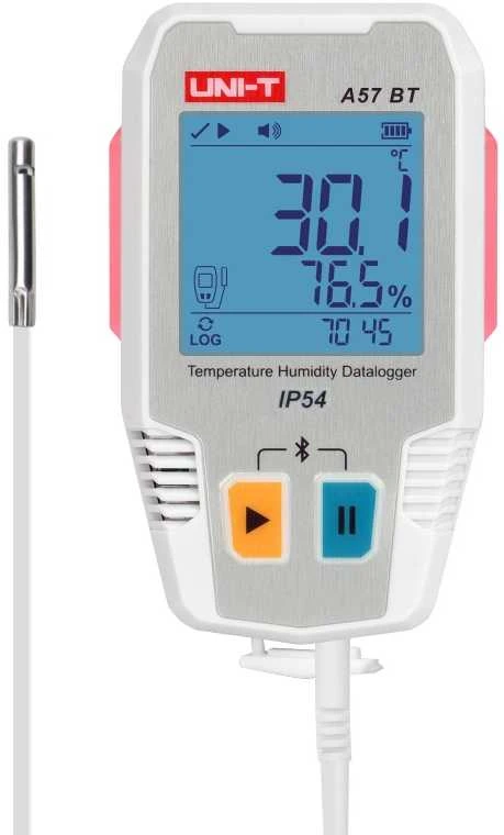 Temperatūros ir drėgmės duomenų kaupiklis, -40 ~ 85C, 0%~100% RH, 64000 taškų, IP54, Bluetooth, UNI-T