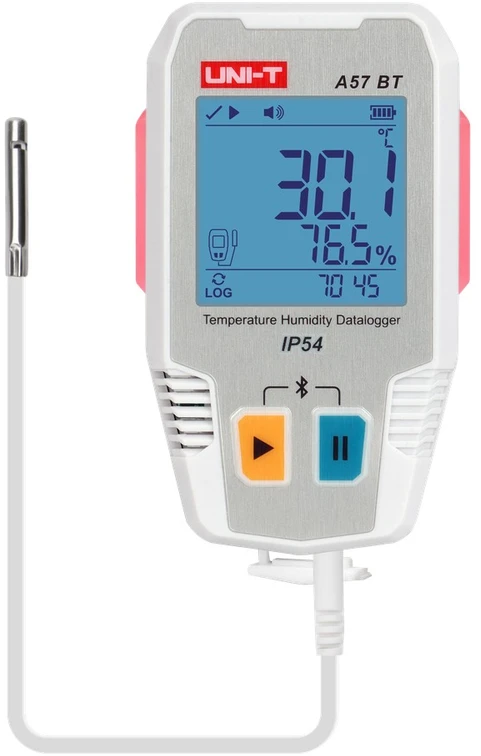 Temperatūros ir drėgmės duomenų kaupiklis, -40 ~ 85C, 0%~100% RH, 64000 taškų, IP54, Bluetooth, UNI-T