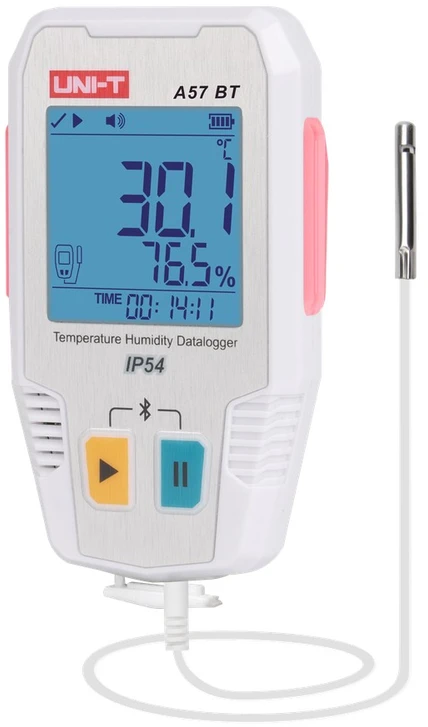 Temperatūros ir drėgmės duomenų kaupiklis, -40 ~ 85C, 0%~100% RH, 64000 taškų, IP54, Bluetooth, UNI-T