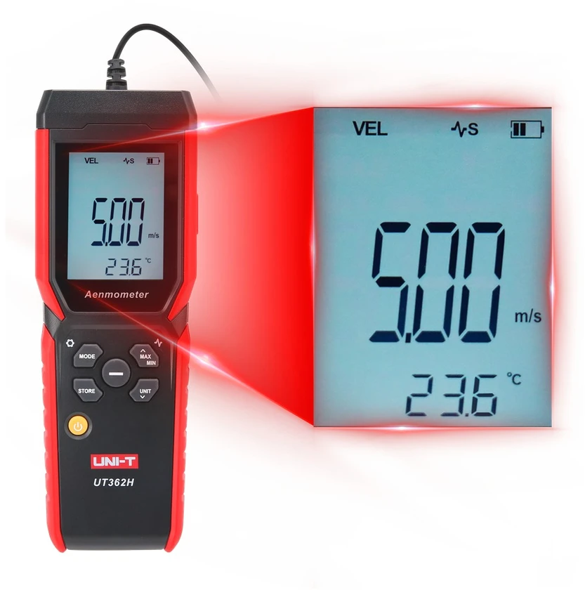 Termo anemometras ; 0~30m/s; -20~70C; 0~999900m³/min, pasirenkama ortakių forma, UNI-T