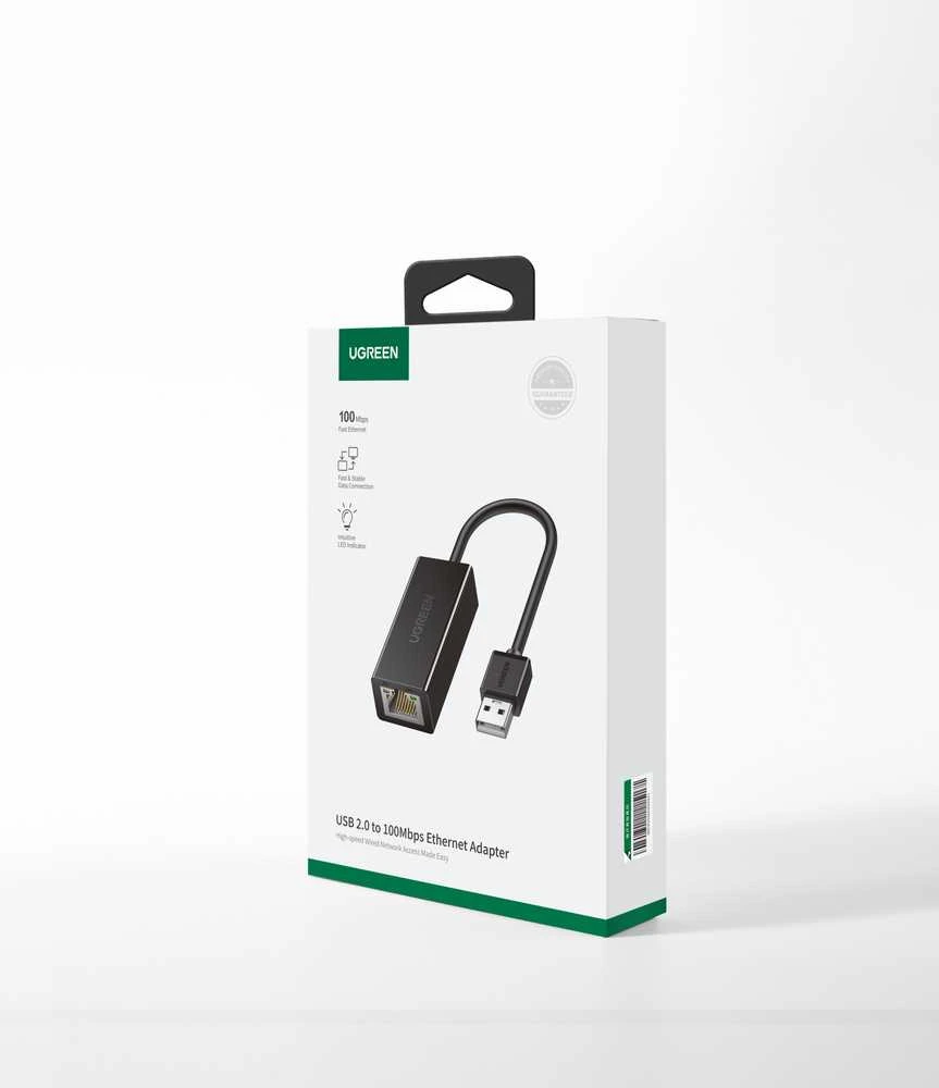 Ugreen Adapteris tinklo USB-A 2.0 - RJ45 10/100Mbit/s, juodas