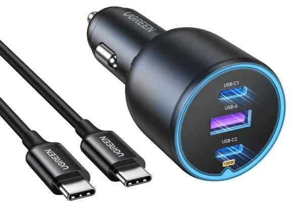 Automobilinis įkroviklis UGREEN EC705, USB-A + 2x USB-C, 130W + 1m 5A laidas