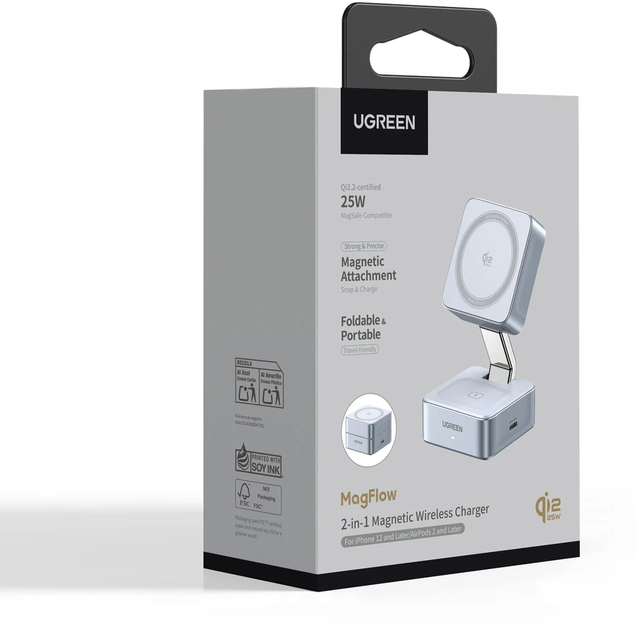 Ugreen Belaidis magnetinis įkroviklis MagFlow Qi2 Apple įrenginiams 25W