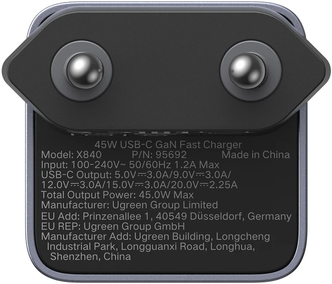 Ugreen Sieninis įkroviklis GaN 45W USB-C PD QC Nexode Air, pilkas