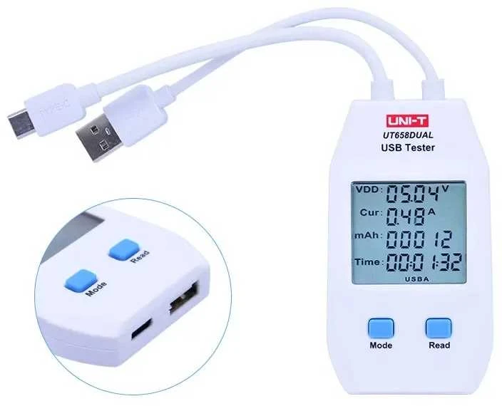 USB-A, USB-C testeris, QC1.0/ 2.0/ 3.0/ 4.0 (C tipas) ir QC1.0/ 2.0/ 3.0 (A tipas) protokolai, 0~99999mAh; 0~1000Wh; 1~480?, 4~24VDC, UNI-T