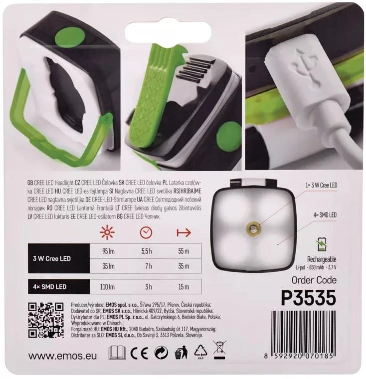 Žibintuvėlis ant galvos, 110/55lm įkraunamas Micro USB, 850mAh, EMOS