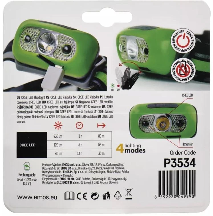 Žibintuvėlis ant galvos, LED 5W CREE, 230lm, 1200mAh baterija, įkraunamas Micro USB, EMOS