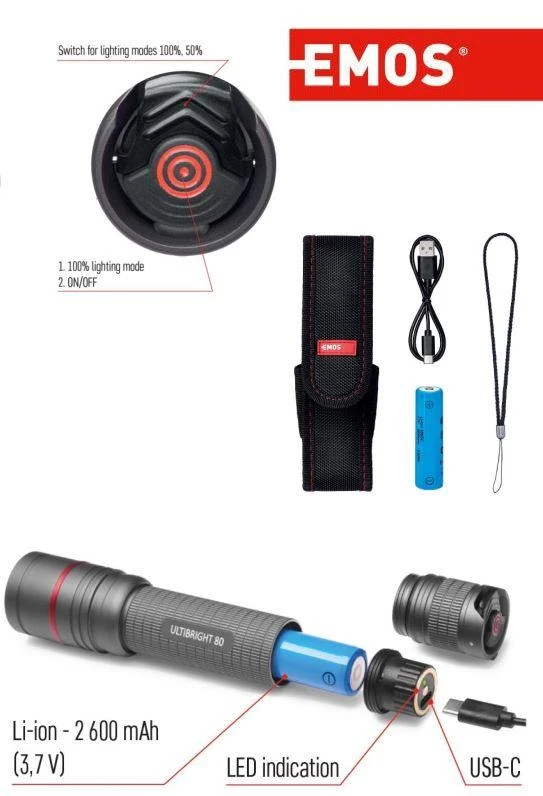 Žibintuvėlis, atsparus drėgmei IP65, ULTIBRIGHT 80, CREE LED, 600lm, įkraunamas 2600mA, EMOS
