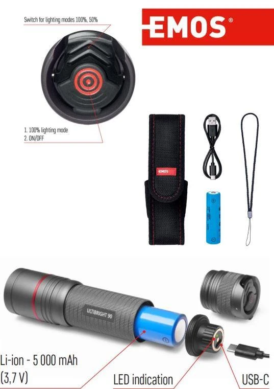 Žibintuvėlis, atsparus drėgmei IP65, ULTIBRIGHT 90, CREE LED, 1200lm, įkraunamas 5000mA, EMOS