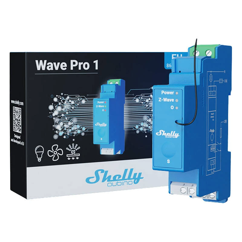 Shelly Qubino Wave Pro 1 profesionalus 1 kanalo DIN bėgio išmanusis jungiklis su sausais kontaktais.