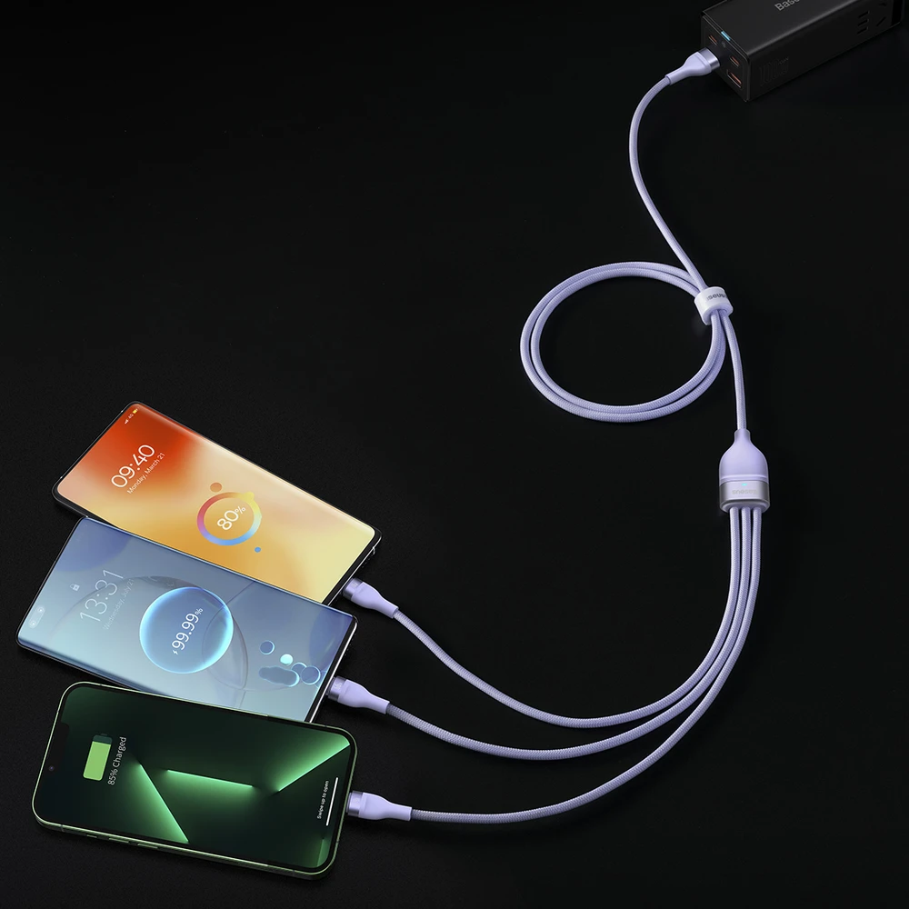 3in1 USB laidas Baseus Flash Series II, USB-C + mikro USB + Lightning, 66 W, 1.2 m (violetinė)