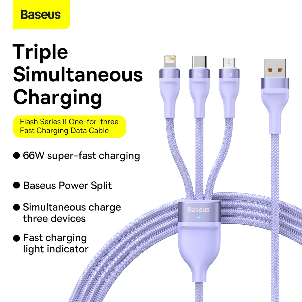 3in1 USB laidas Baseus Flash Series II, USB-C + mikro USB + Lightning, 66 W, 1.2 m (violetinė)