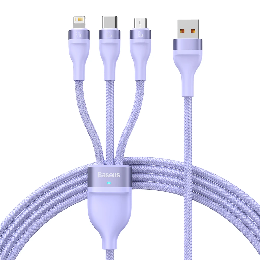 3in1 USB laidas Baseus Flash Series II, USB-C + mikro USB + Lightning, 66 W, 1.2 m (violetinė)