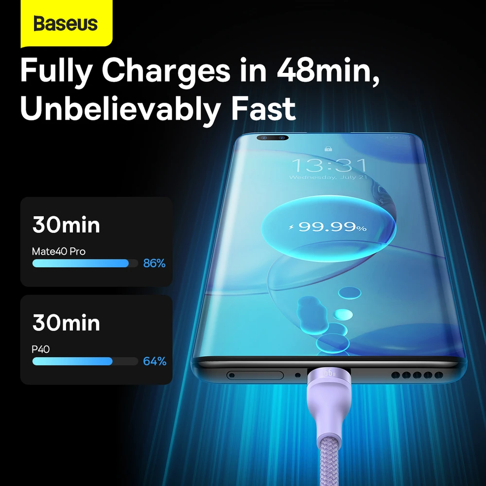 3in1 USB laidas Baseus Flash Series II, USB-C + mikro USB + Lightning, 66 W, 1.2 m (violetinė)