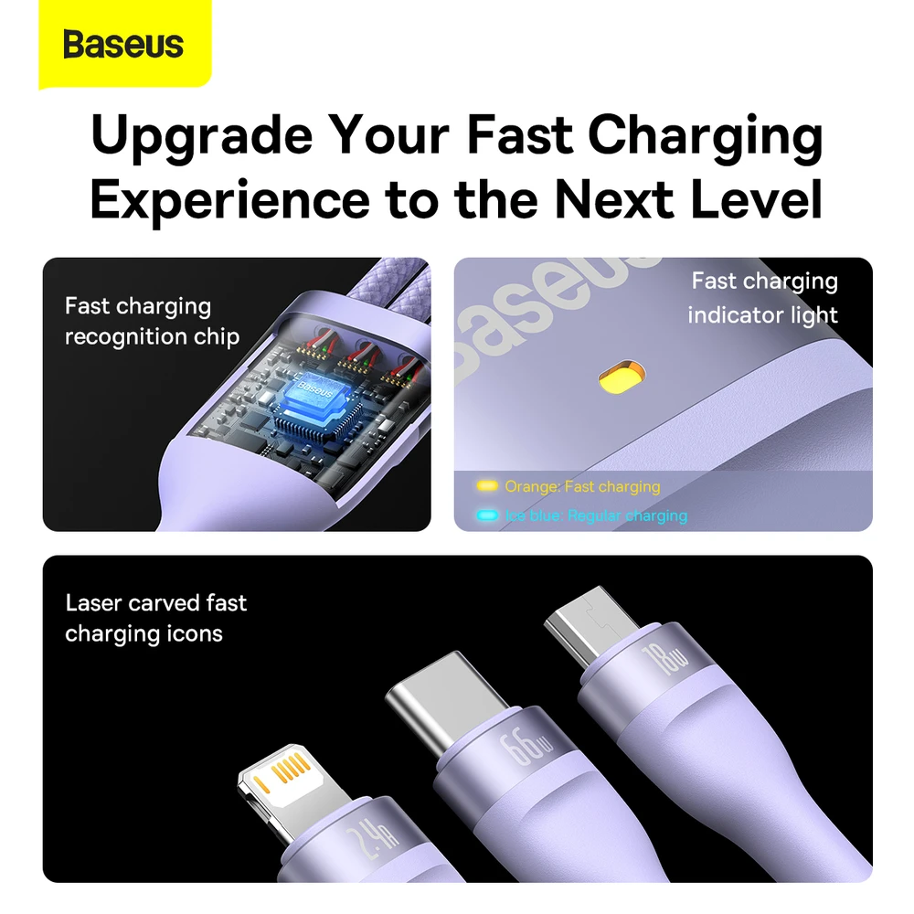 3in1 USB laidas Baseus Flash Series II, USB-C + mikro USB + Lightning, 66 W, 1.2 m (violetinė)