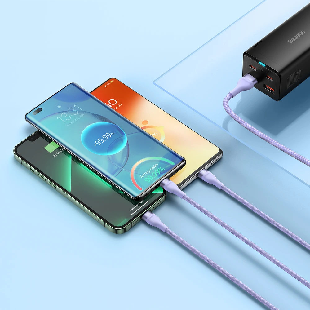 3in1 USB laidas Baseus Flash Series II, USB-C + mikro USB + Lightning, 66 W, 1.2 m (violetinė)