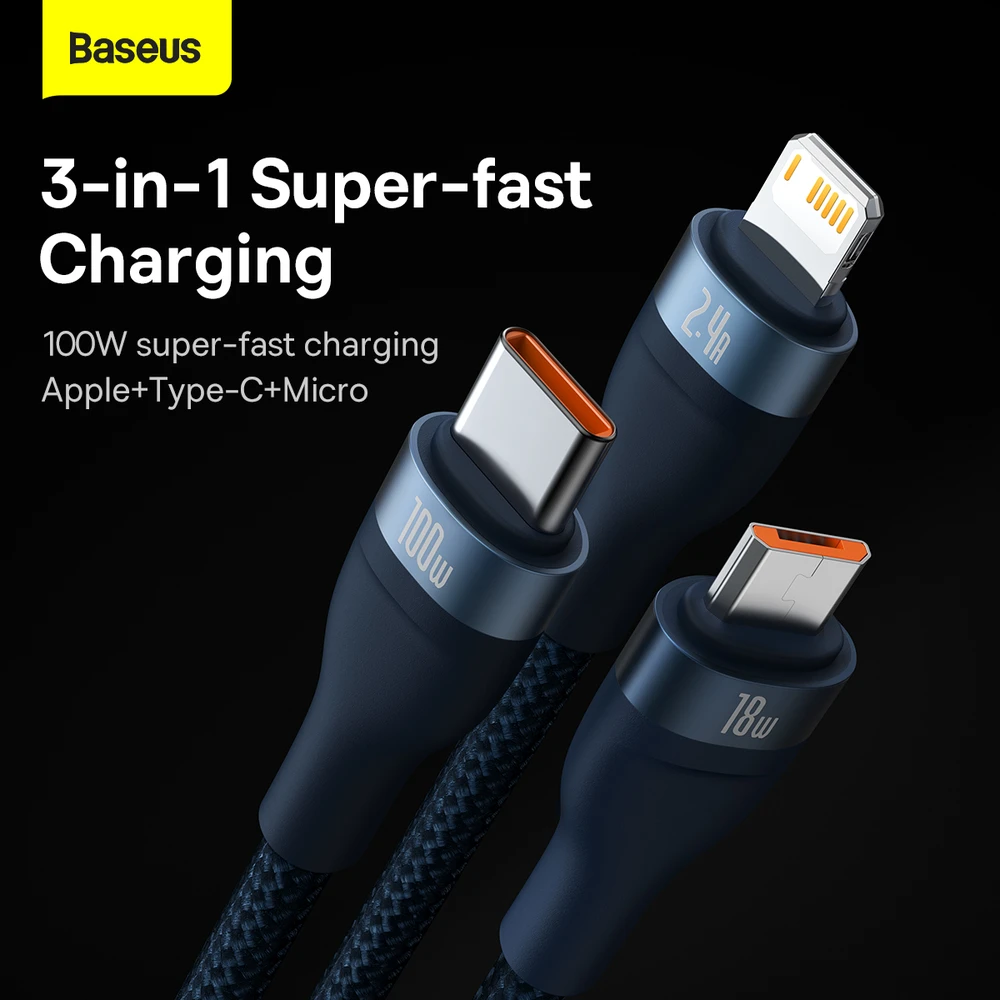 Baseus Flash Series 3in1 USB laidas USB-C + micro USB + Lightning 100W 1.2m - Mėlynas
