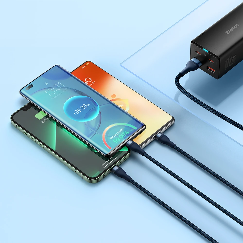 Baseus Flash Series 3in1 USB laidas USB-C + micro USB + Lightning 100W 1.2m - Mėlynas