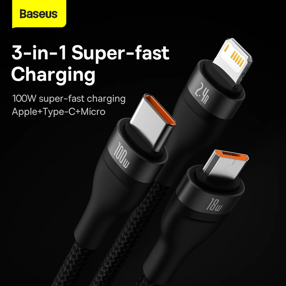 Baseus Flash Series 3in1 USB laidas USB-C + micro USB + Lightning 100W 1.2m – Juodas