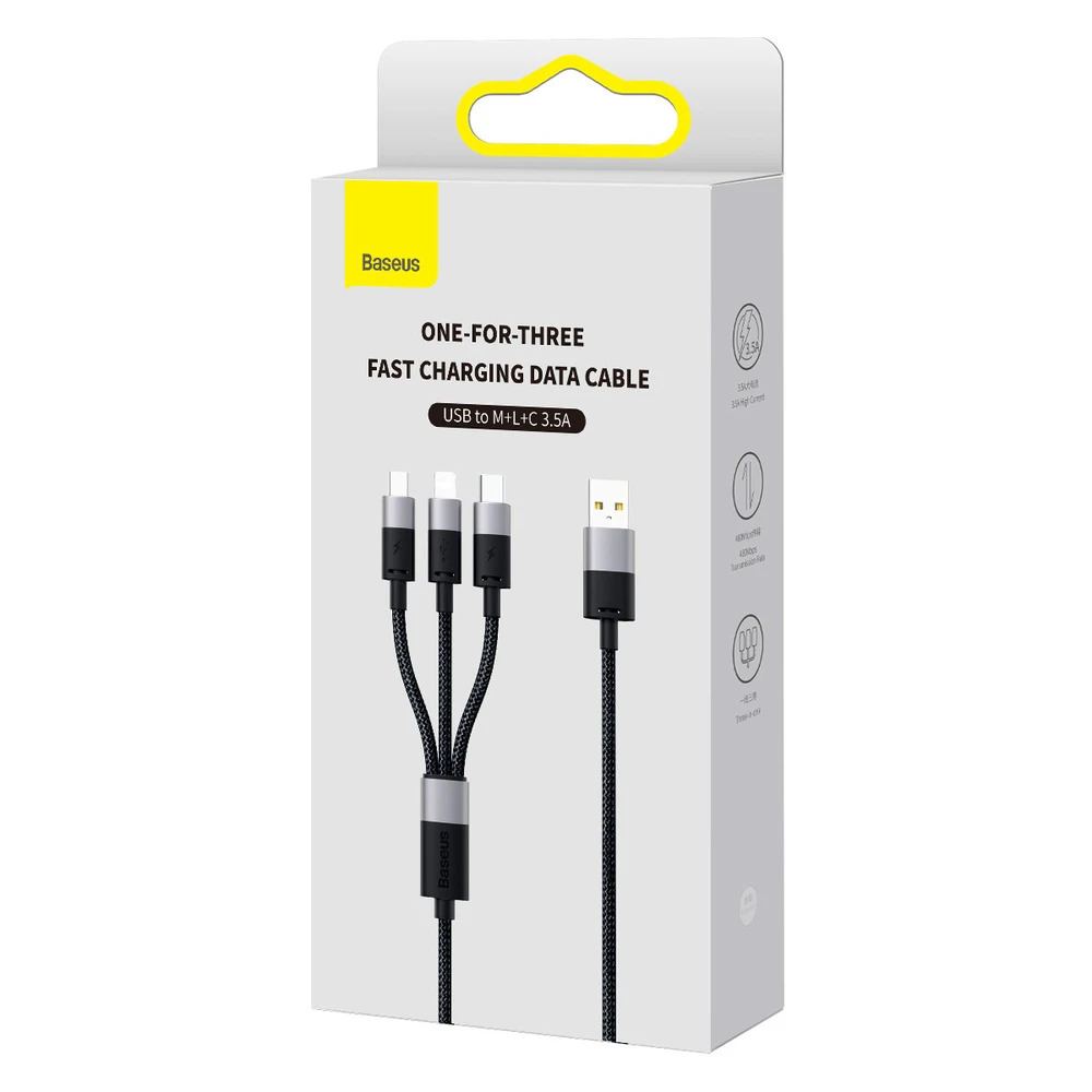3in1 USB laidas Baseus StarSpeed Series, USB-C + Micro + Lightning 3.5A, 1.2m (juodas)