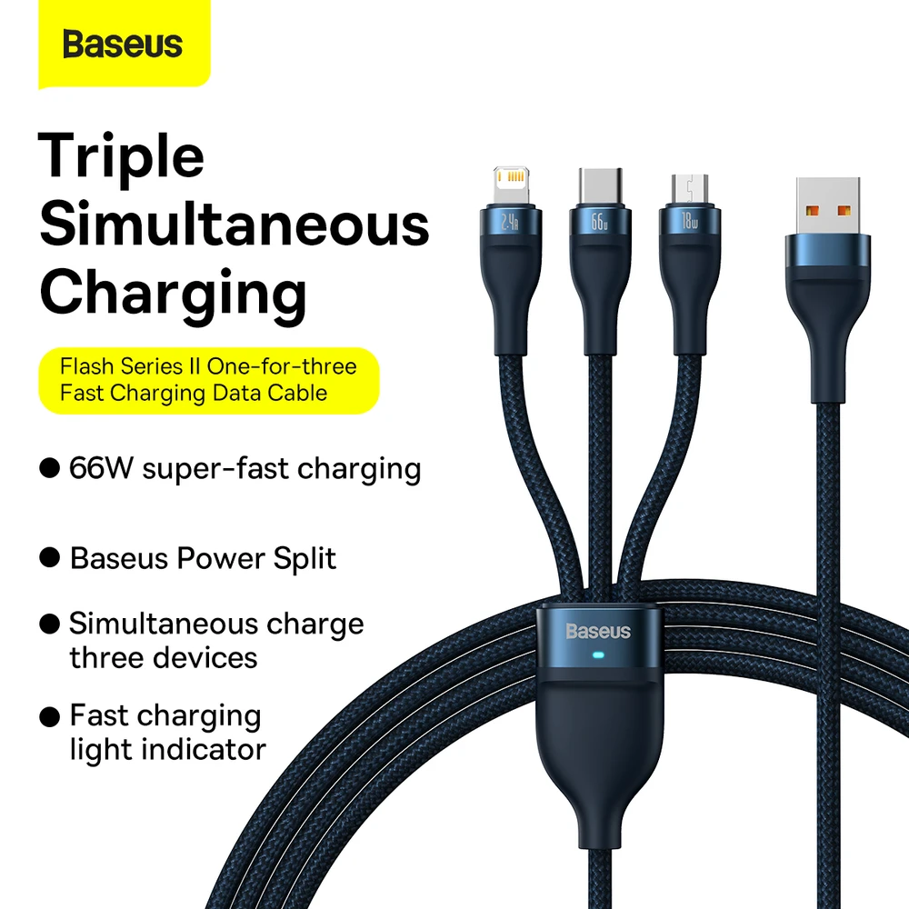 Baseus Flash 3 su 1-ben USB įkrovikliu, USB-C + Micro USB + Lightning 66 W, 1.2 m (kek)