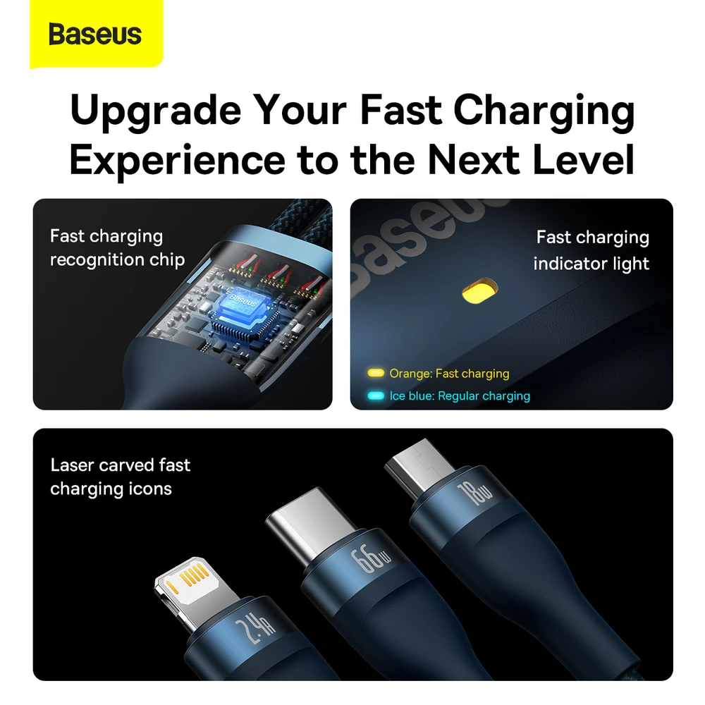 Baseus Flash 3 su 1-ben USB įkrovikliu, USB-C + Micro USB + Lightning 66 W, 1.2 m (kek)