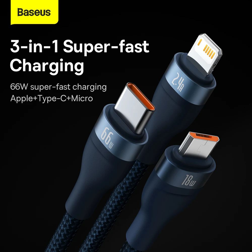 Baseus Flash 3 su 1-ben USB įkrovikliu, USB-C + Micro USB + Lightning 66 W, 1.2 m (kek)