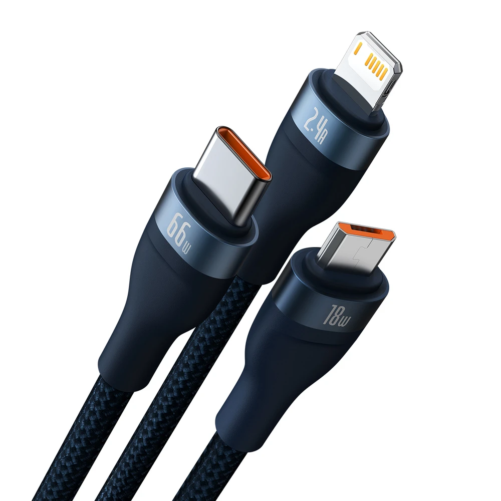 Baseus Flash 3 su 1-ben USB įkrovikliu, USB-C + Micro USB + Lightning 66 W, 1.2 m (kek)