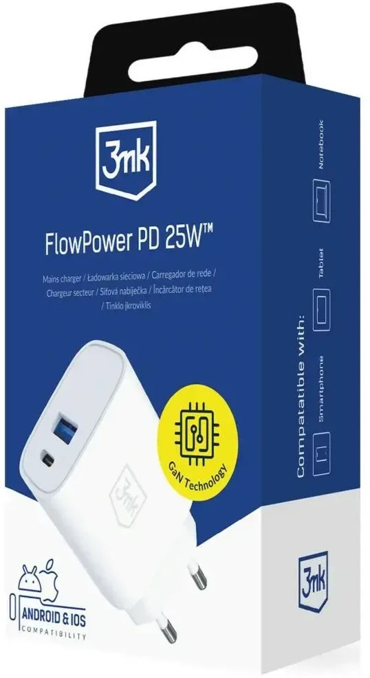3Mk apsauga 3mk FlowPower 25W GaN PD PPS DCP QC4+ SuperVOOC AFC FCP SCP 1A1C Baltas